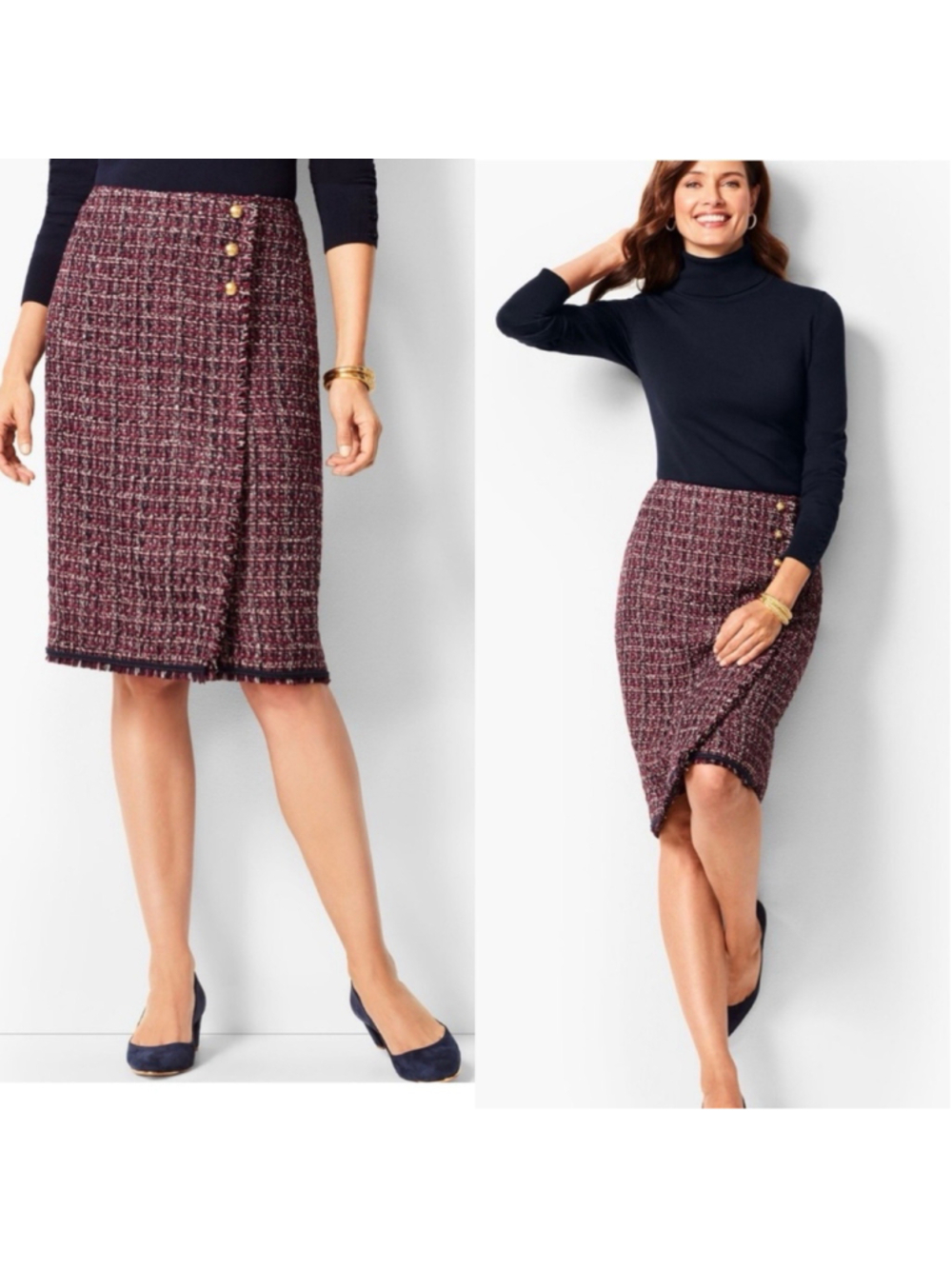 Talbots Preppy Plaid Tweed Gold Button Fringe Hem Pencil Skirt 10